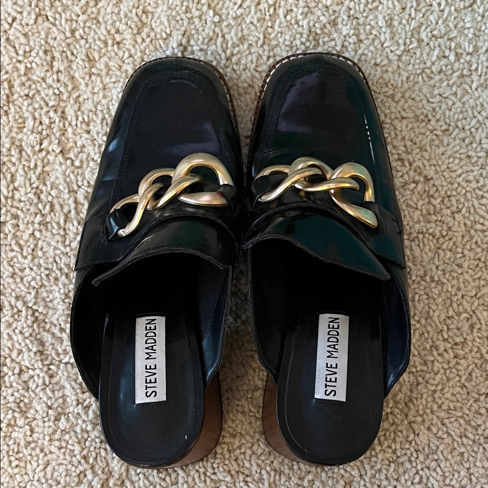 Steve Madden Black Mules with Gold Chain Detail